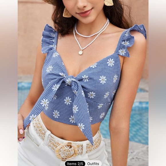 womens M/6 Crop top Daisy Print Tie Front Ruffle Trim Wide Strap blue - Picture 5 of 11